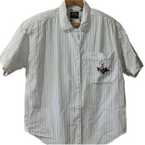 Dockers Feminine Striped Button Down Ruffle Short Sleeve Shoulder Pad Shirt Medi